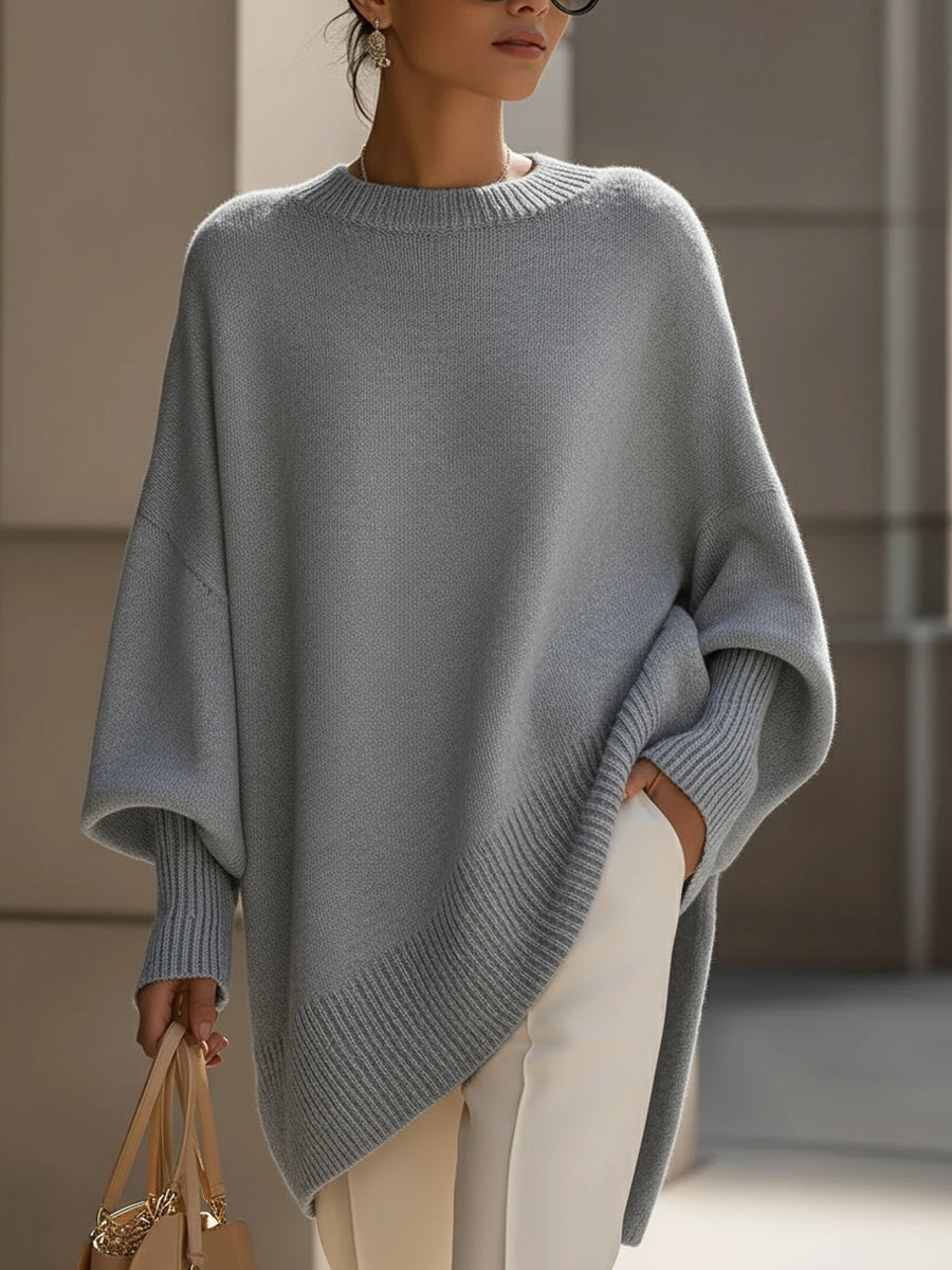 Grijze oversized trui met ronde ribhals en brede ribafwerking aan de zoom