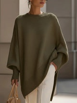 Olijfgroene oversized trui met vleermuismouwen en ronde ribgebreide hals