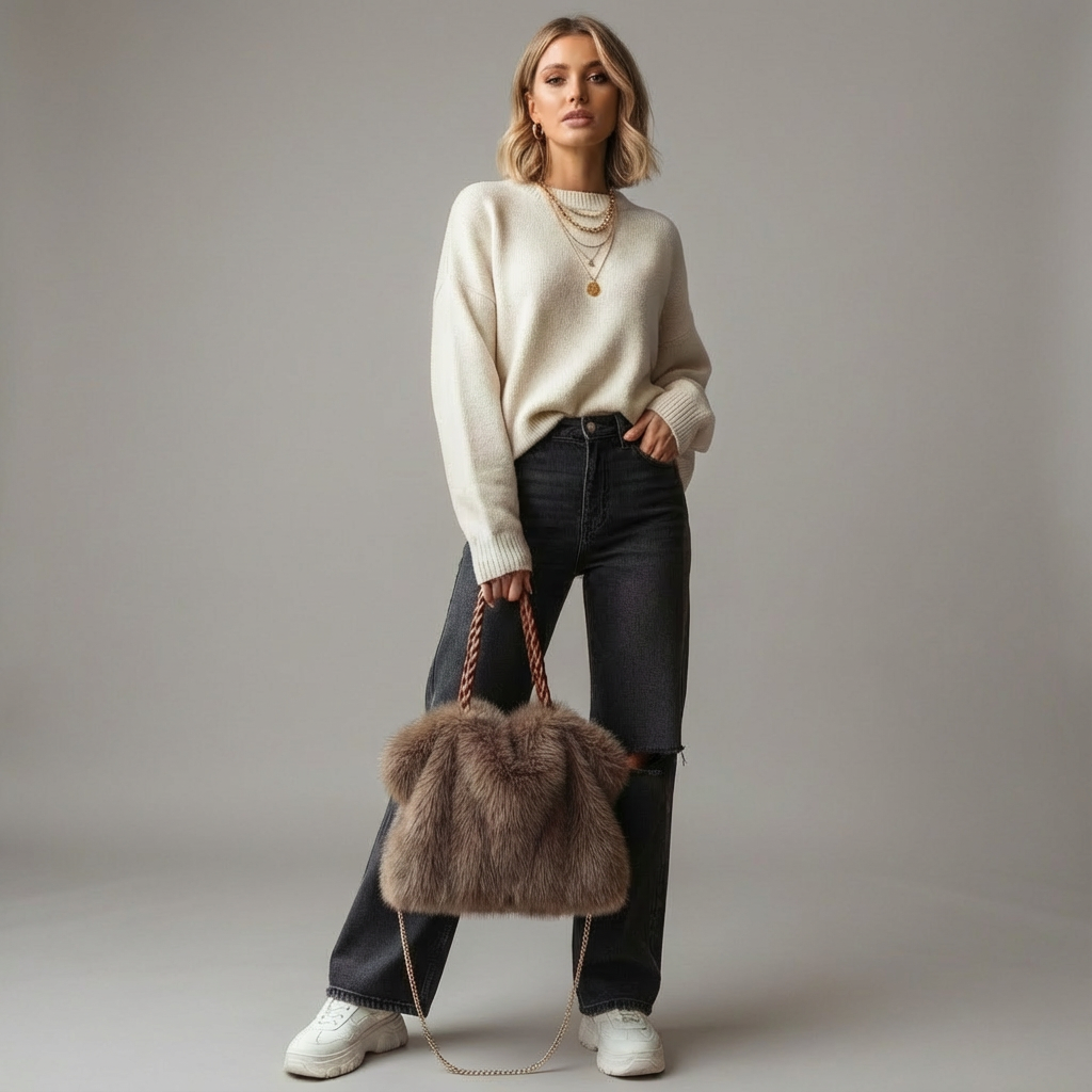 bruine fluffy handtas met afmetingen 41 cm breed en 29 cm hoog