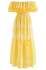 gele off shoulder zomerjurk met broderie en ruffles