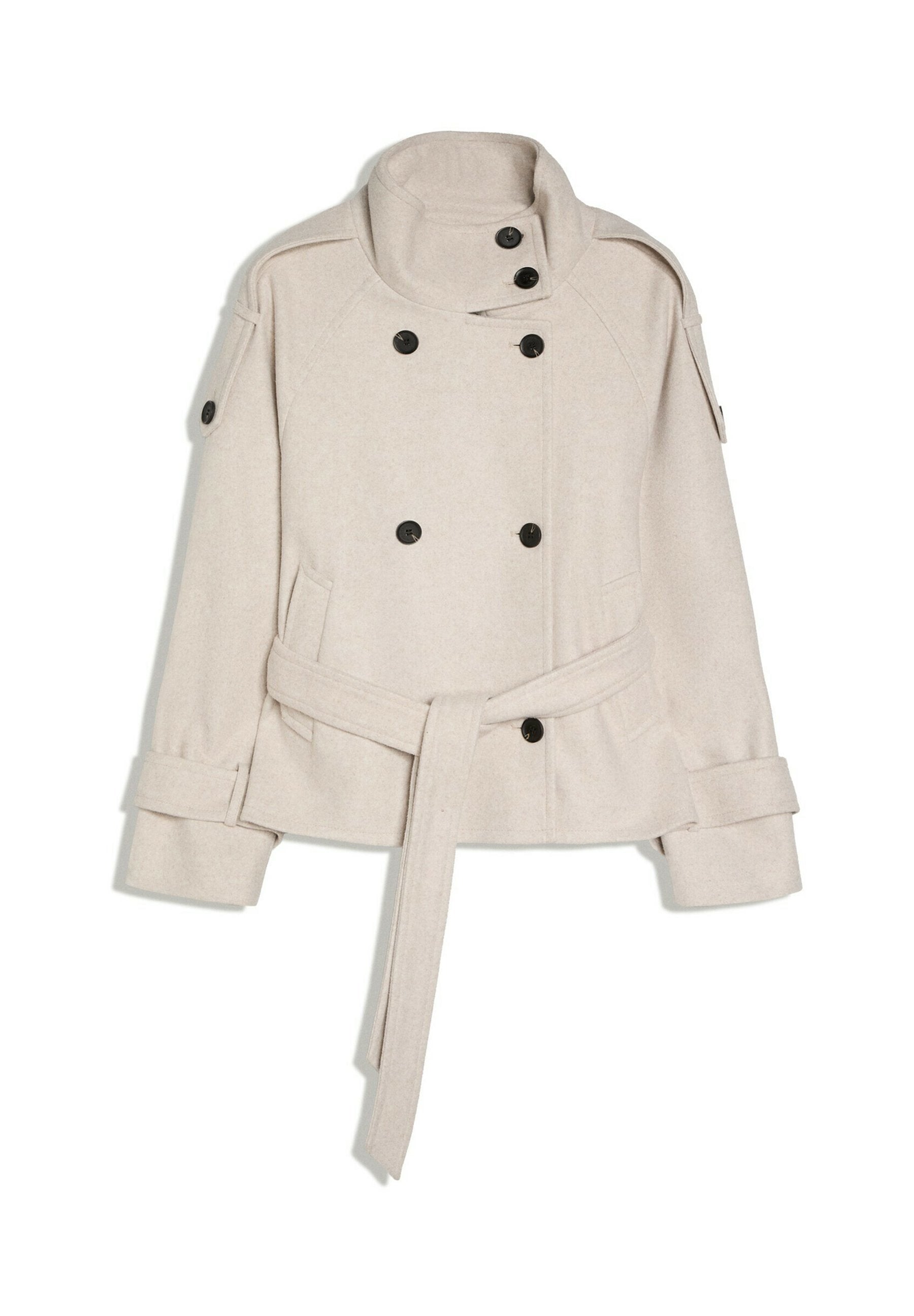 creme kleurige korte trench jas dames met hoge kraag ceintuur en steekzakken