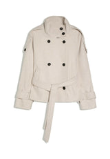 creme kleurige korte trench jas dames met hoge kraag ceintuur en steekzakken