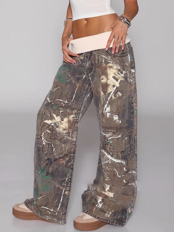 seyra baggy jeans met camouflage print en folded waist dames