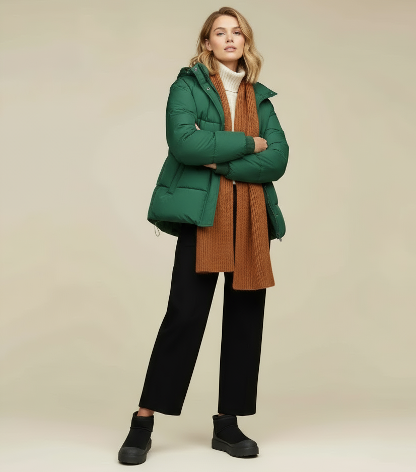 vrouw draagt suède winter boots met jas en sjaal