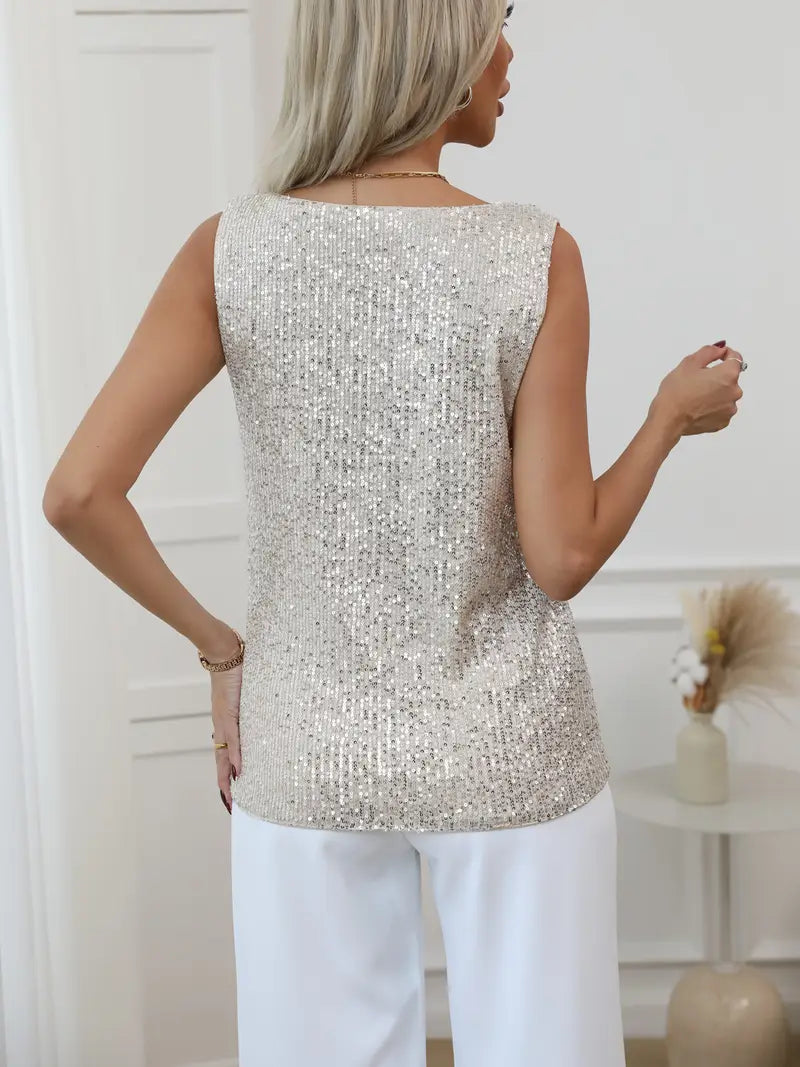 champagnekleurige glittertop met diepe V-hals