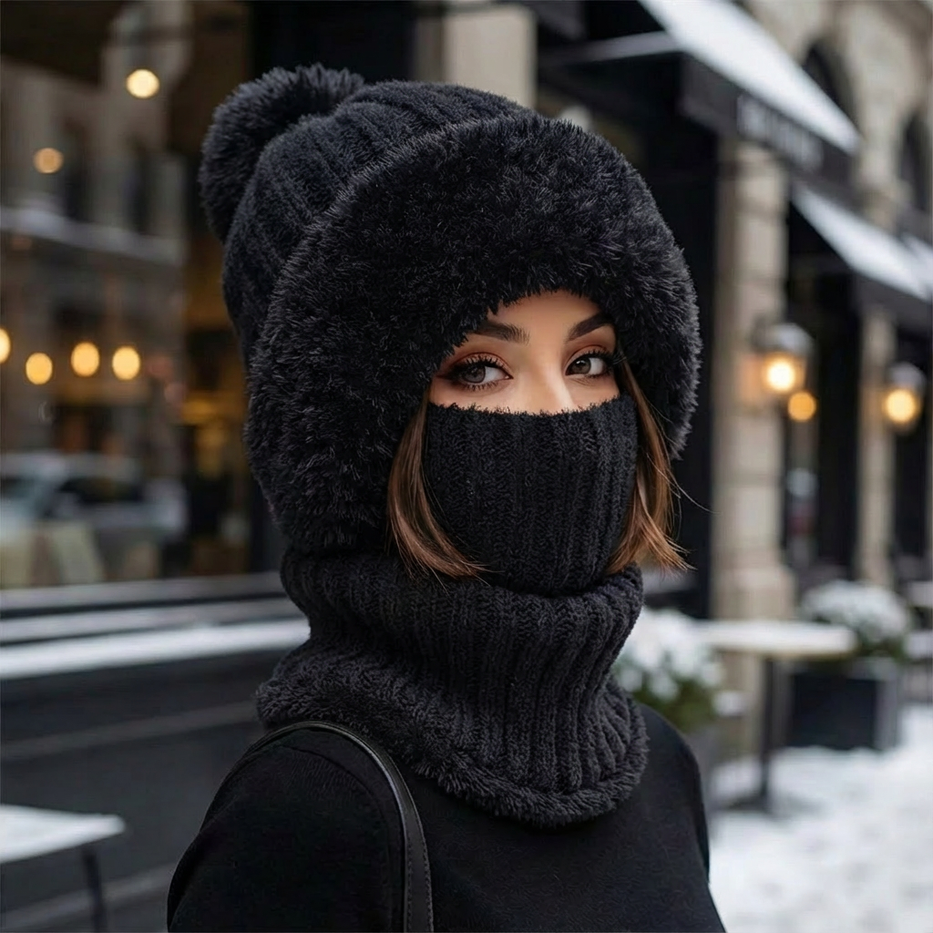 zwarte 2-in-1 muts en col met warme faux fur afwerking