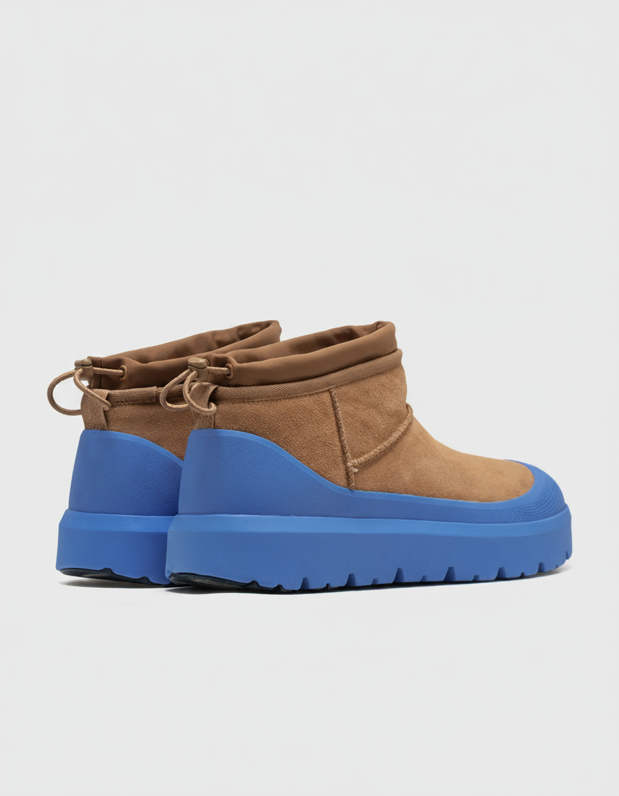 bruine suède winter boots met blauwe zool en trekkoord achteraan