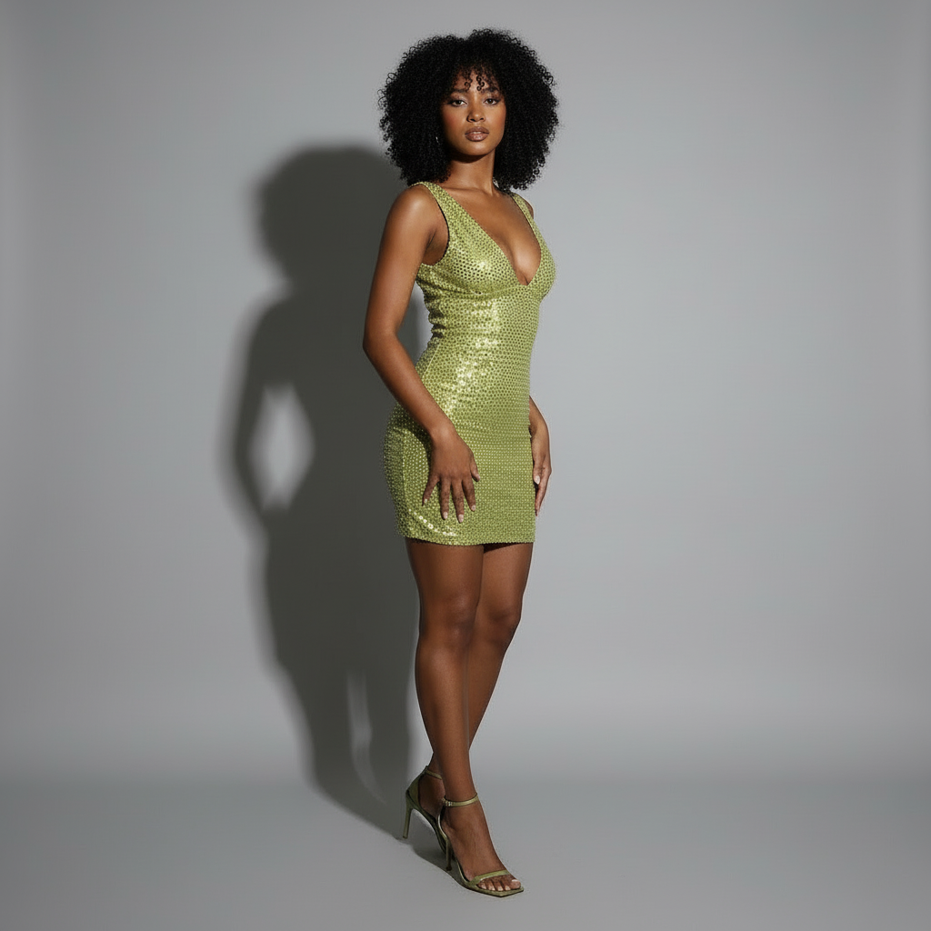 volledige outfitfoto goudgroene paillettenjurk met hakken