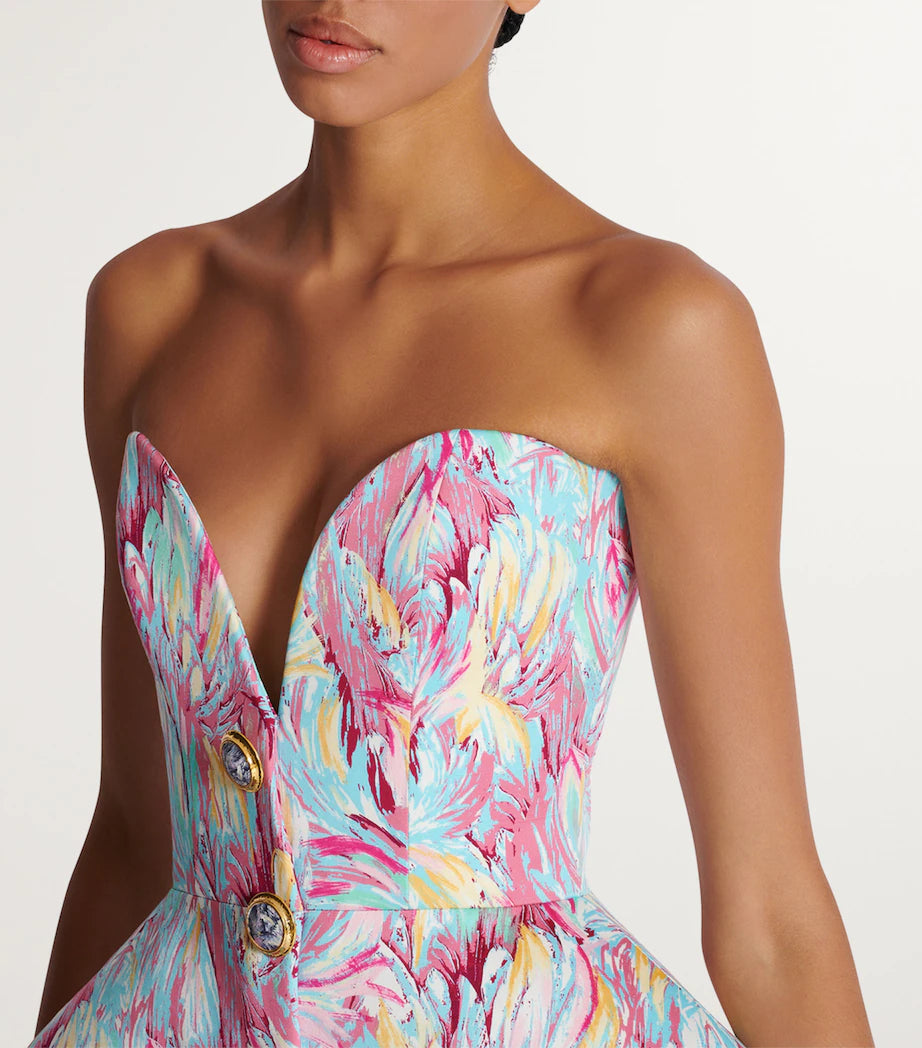 Elegante en speelse strapless jurk met abstract design en flatterende snit