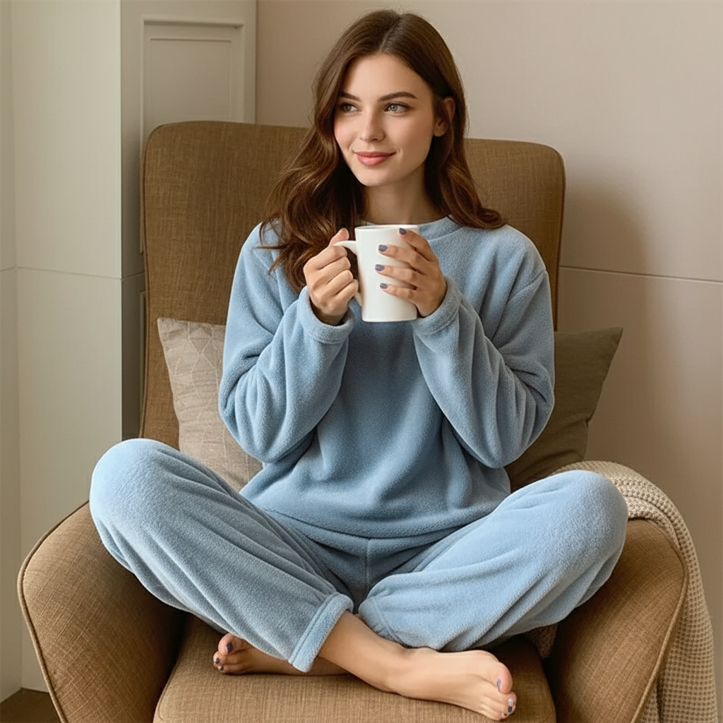 lichtblauwe lounge set dames zittend in fauteuil met mok in handen