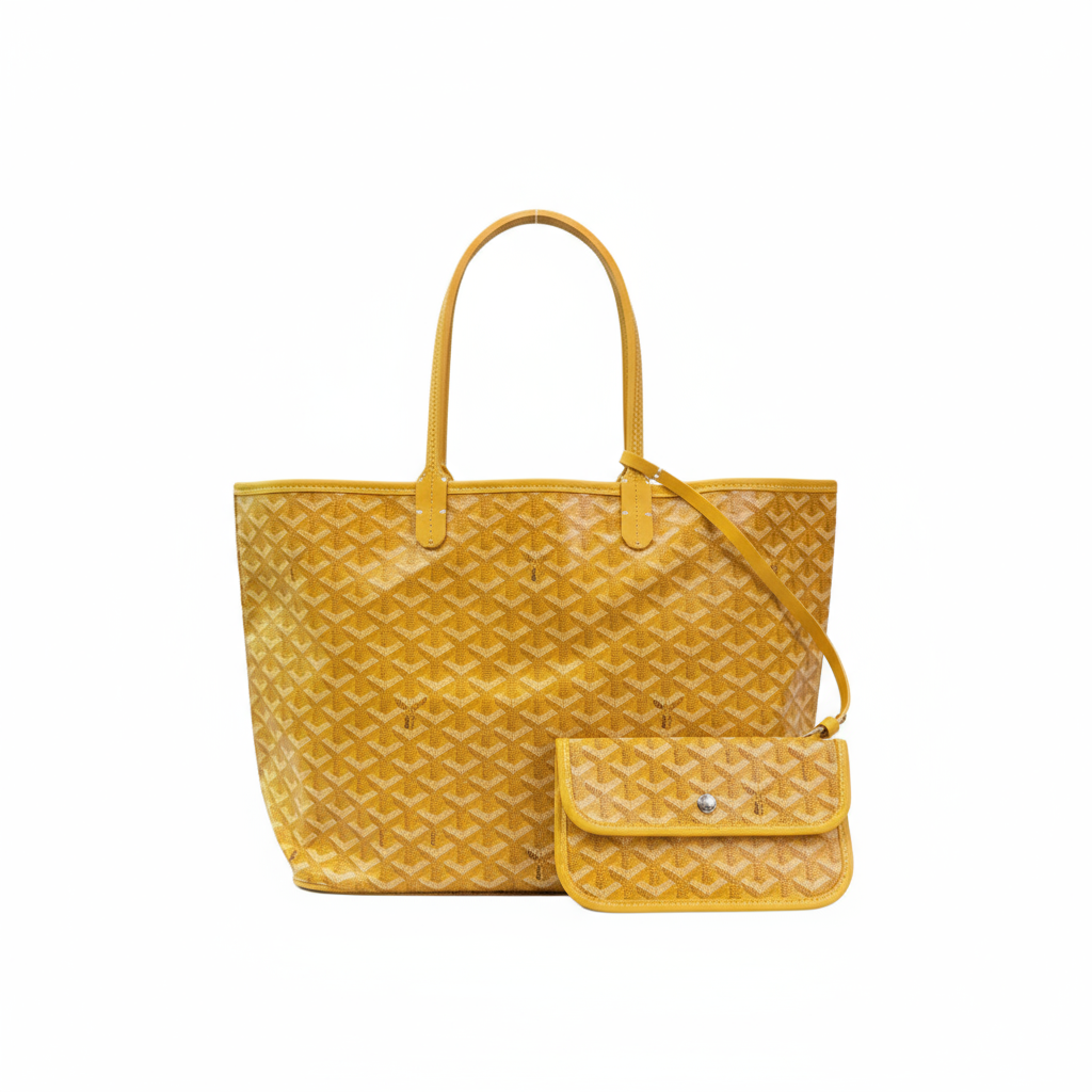 gele tote bag met patroon en etui