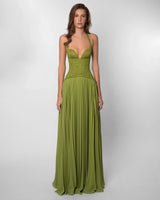 groene maxi jurk met corset top en plissé rok dames