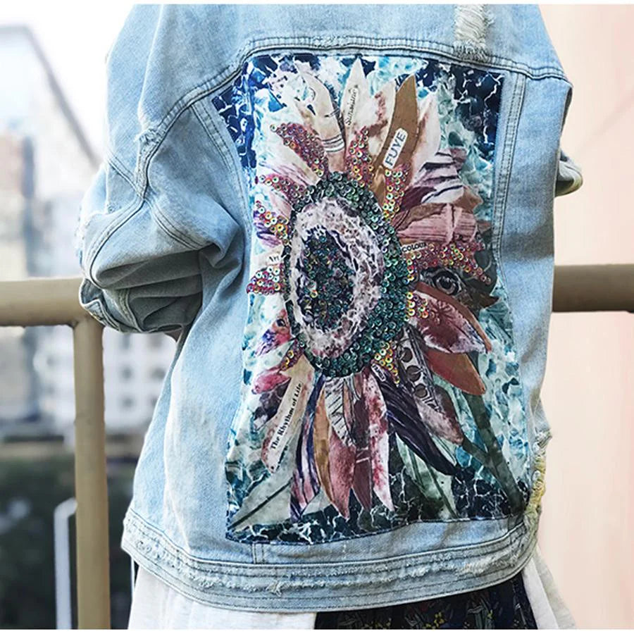 Nayla Denim Jas met Bloemenpatch & Strass | Oversized Spijkerjack voor Dames