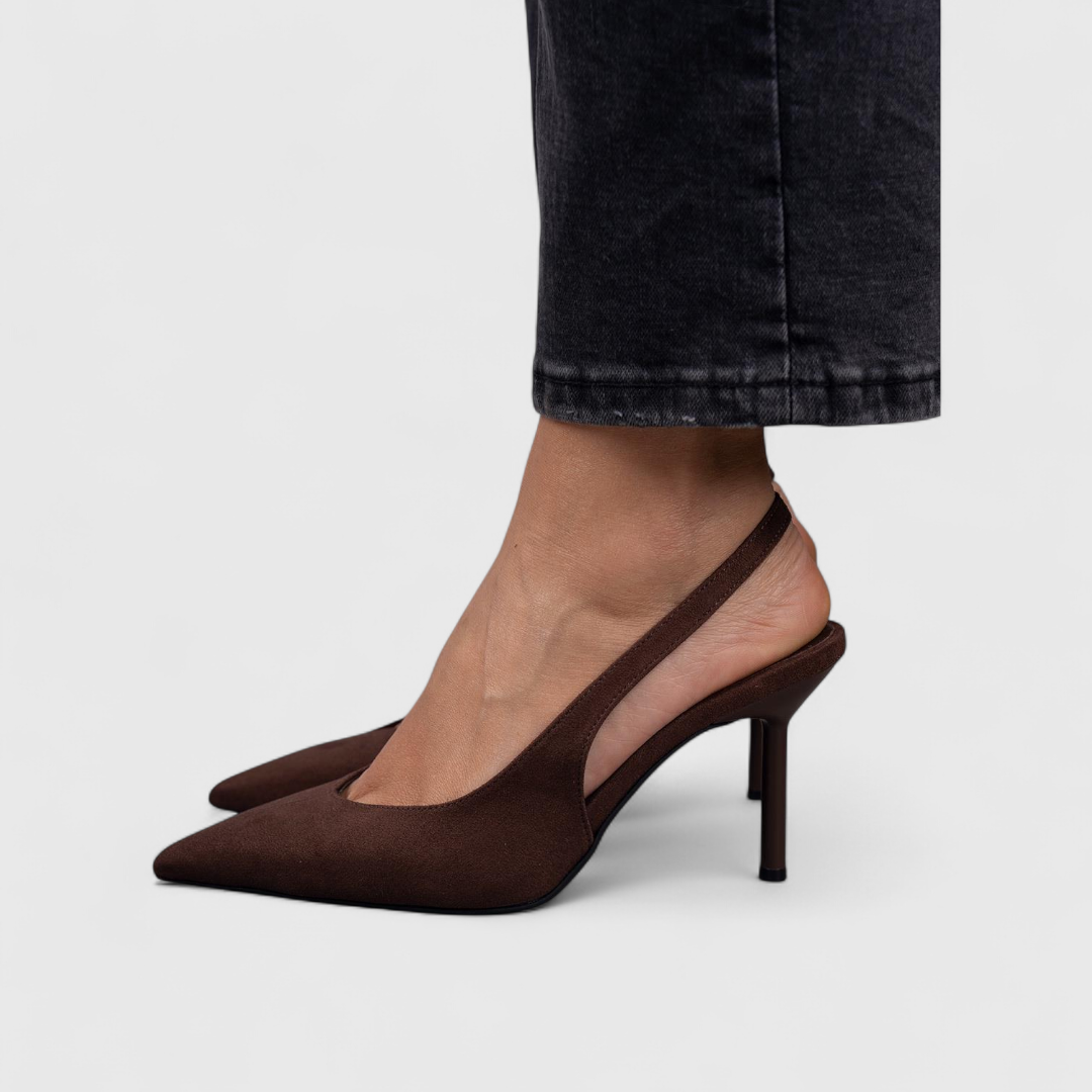 bruine slingback heels met puntneus en smalle hak dames