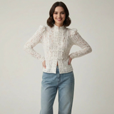 Witte kanten blouse met hoge hals en knopensluiting – dames