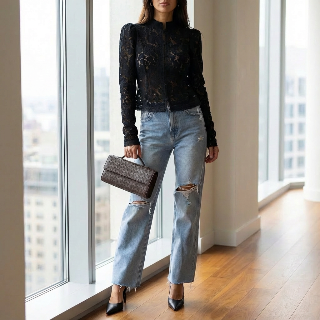 Kanten blouse dames met hoge hals – detail knopen