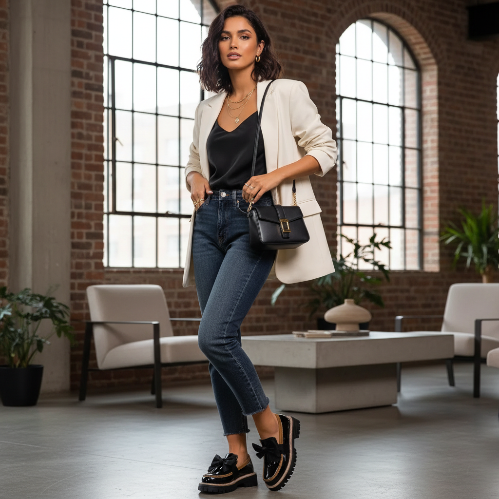 dames loafers met strik gedragen onder wide leg jeans