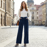 corduroy wide leg broek dames navy blauw