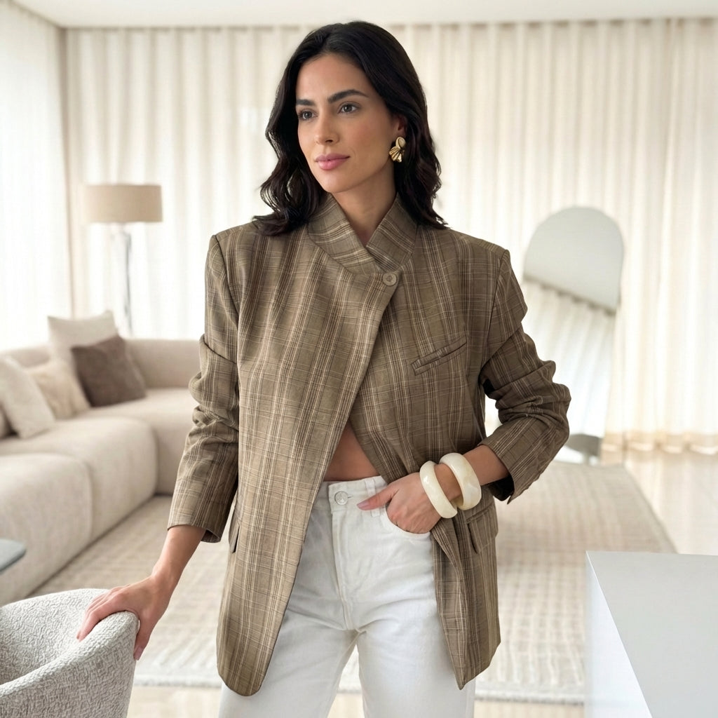 geruite blazer dames gecombineerd met witte broek elegante look