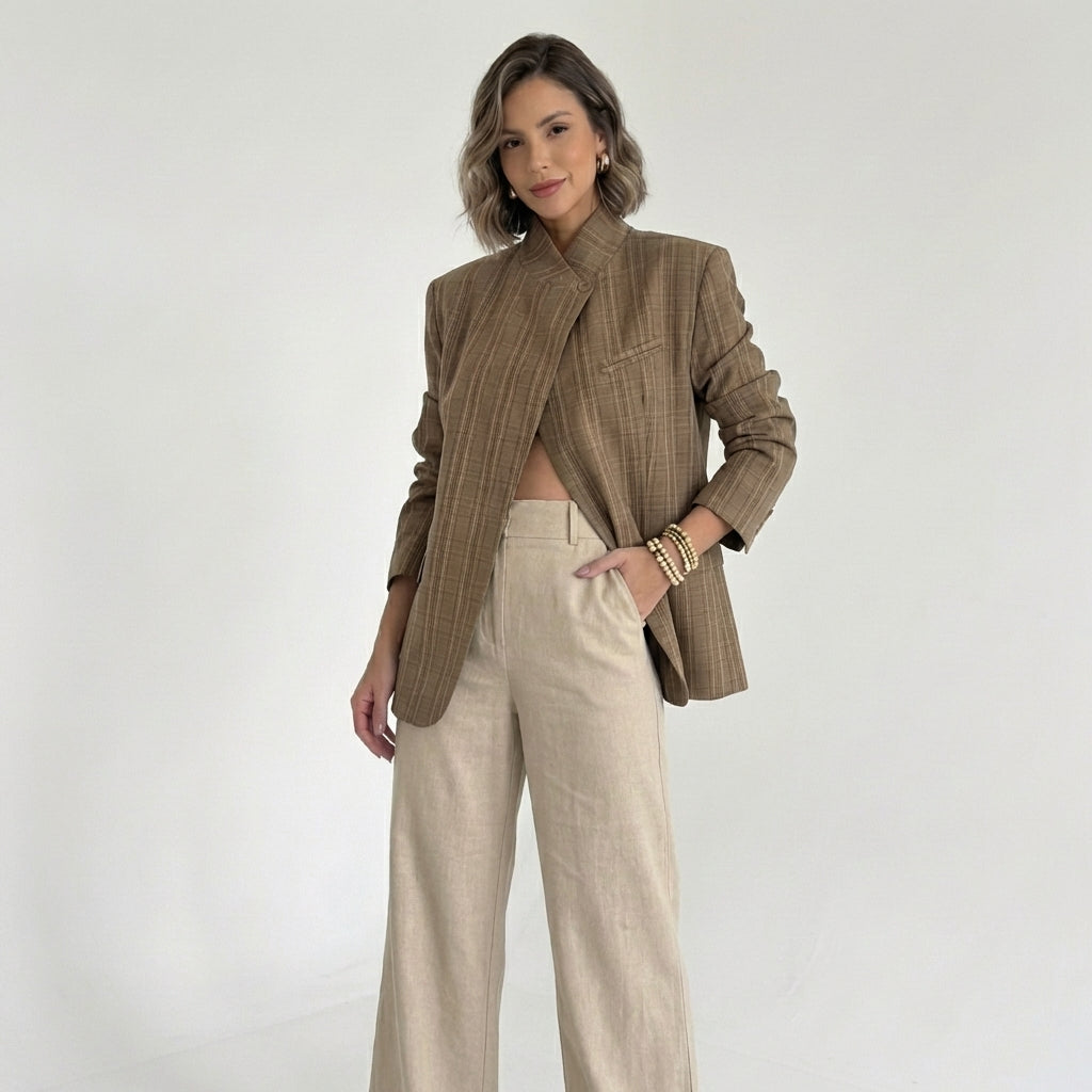 casual chic dames blazer outfit met beige pantalon