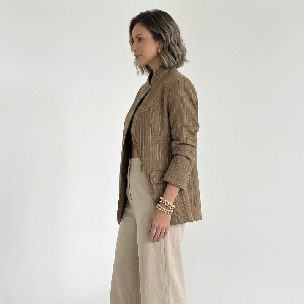 bruine dames blazer zijaanzicht minimalistische sluiting