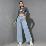 light blue wide leg jeans dames high waist streetstyle outfit