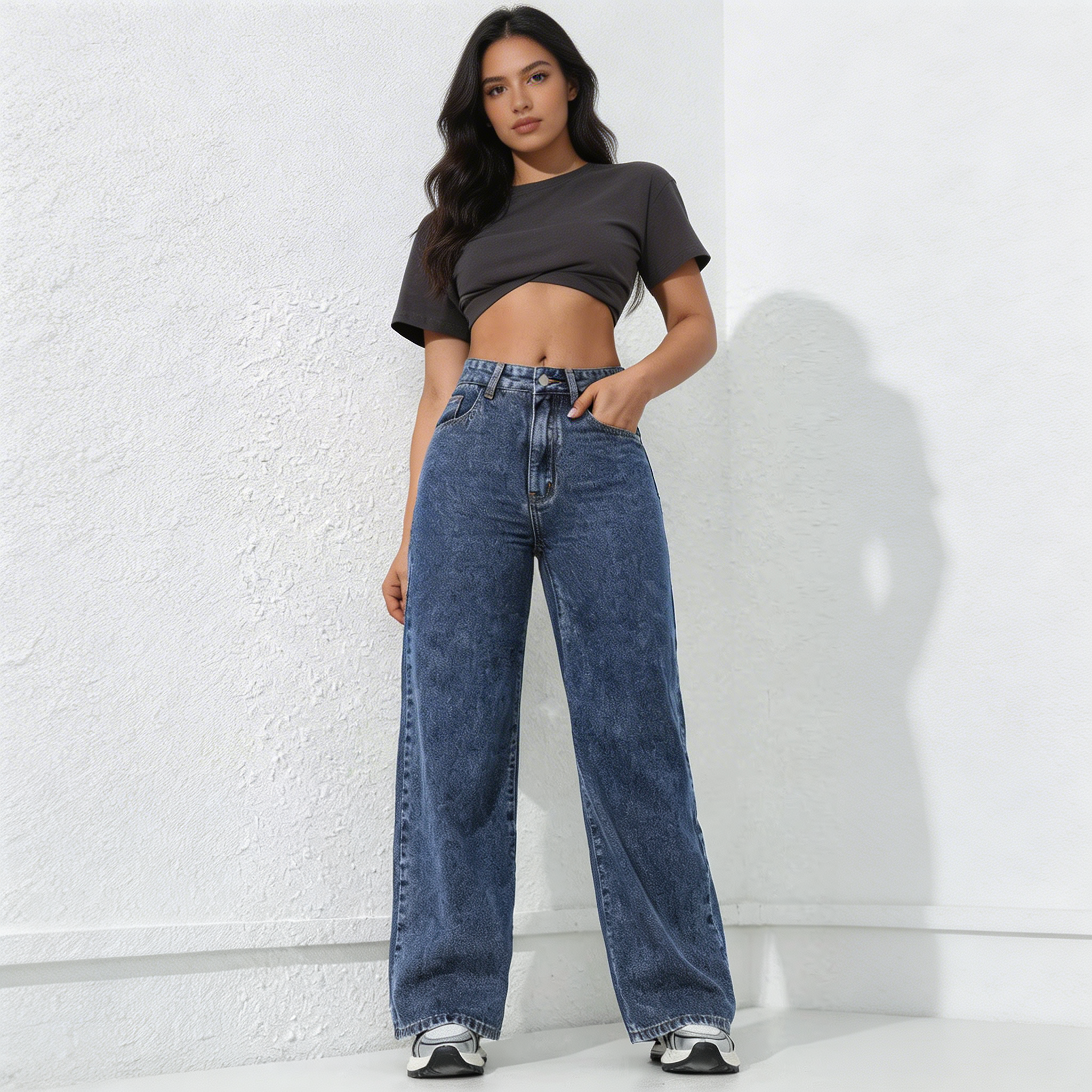 donkerblauwe wide leg jeans dames met blazer streetstyle look