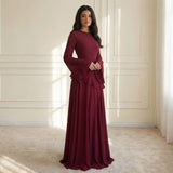 bordeaux rode maxi jurk met lange mouwen en ruffles dames
