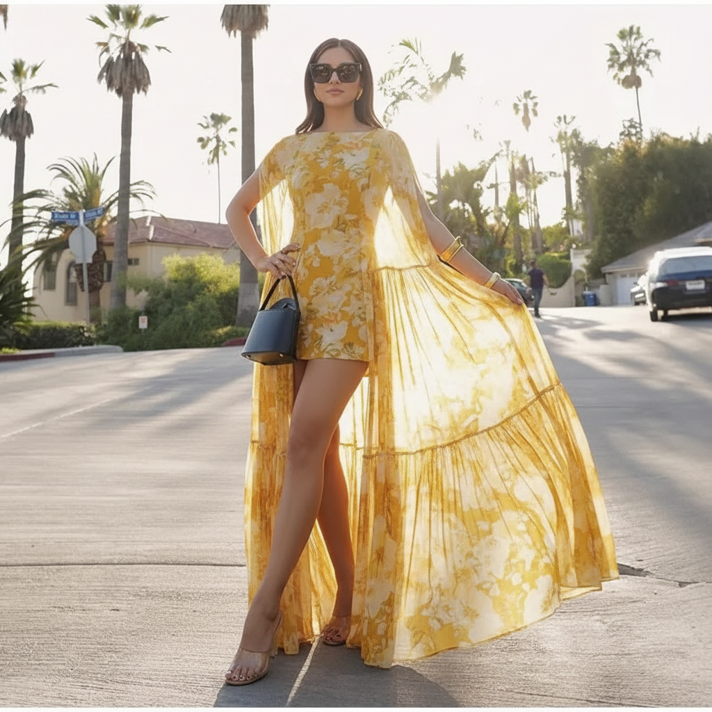 bloemen print jurk met lange flowy overlay dames
