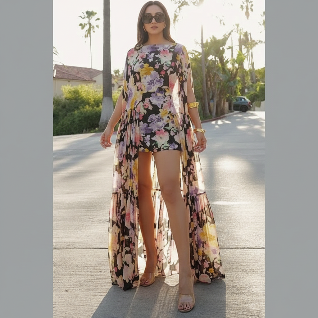 zwarte bloemen print jurk met lange flowy overlay dames
