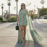 groene bloemen jurk met transparante maxi laag dames