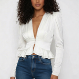 witte blazer top met diepe v-hals en peplum detail dames
