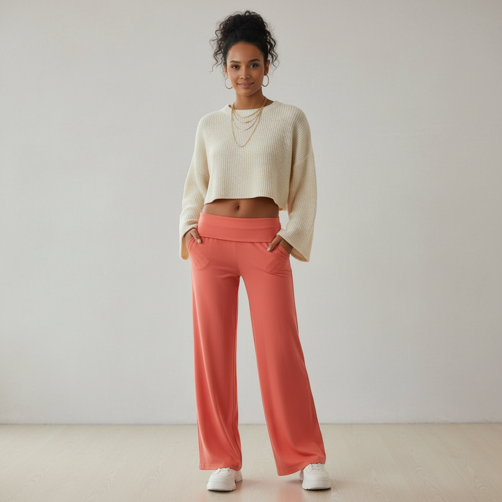 koraal wide leg broek met elastische taille dames