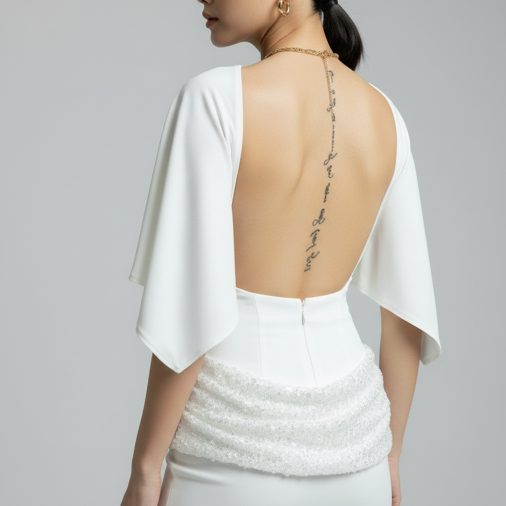 witte jurk met open rug en wijde mouwen en glinster detail dames
