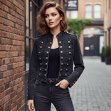 zwarte military denim jacket met sierknopen productfoto dames