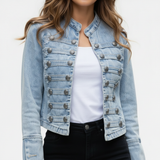 lichtblauwe military denim jacket met sierknopen en ronde hals dames