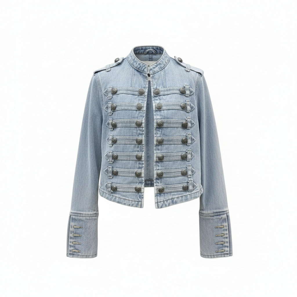 lichtblauwe denim jacket met ronde hals en military knopen dames