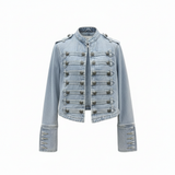 lichtblauwe denim jacket met ronde hals en military knopen dames