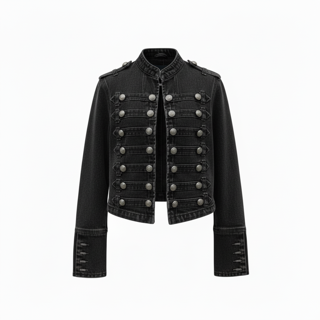 zwarte denim jacket met ronde hals en military knopen dames