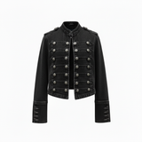 zwarte denim jacket met ronde hals en military knopen dames