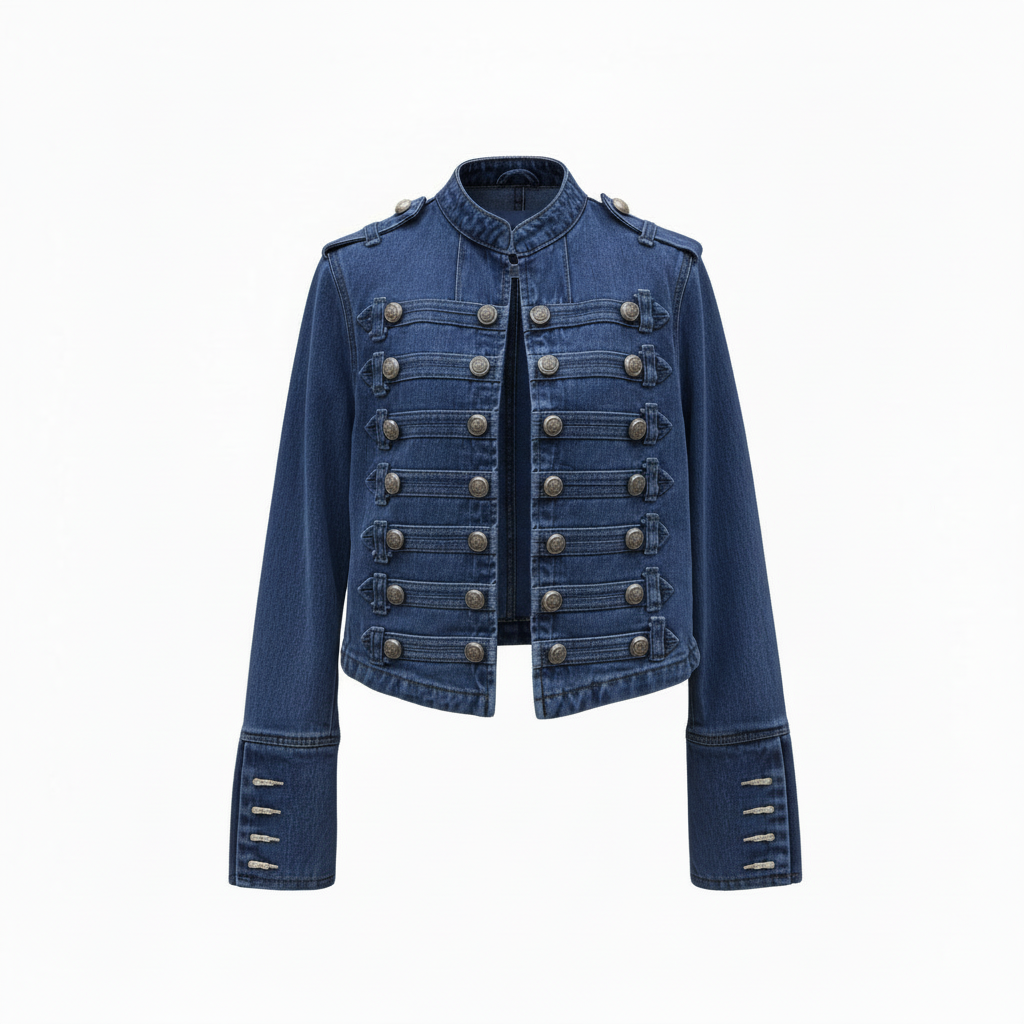 donkerblauwe denim jacket met ronde hals en military knopen dames