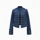 donkerblauwe denim jacket met ronde hals en military knopen dames