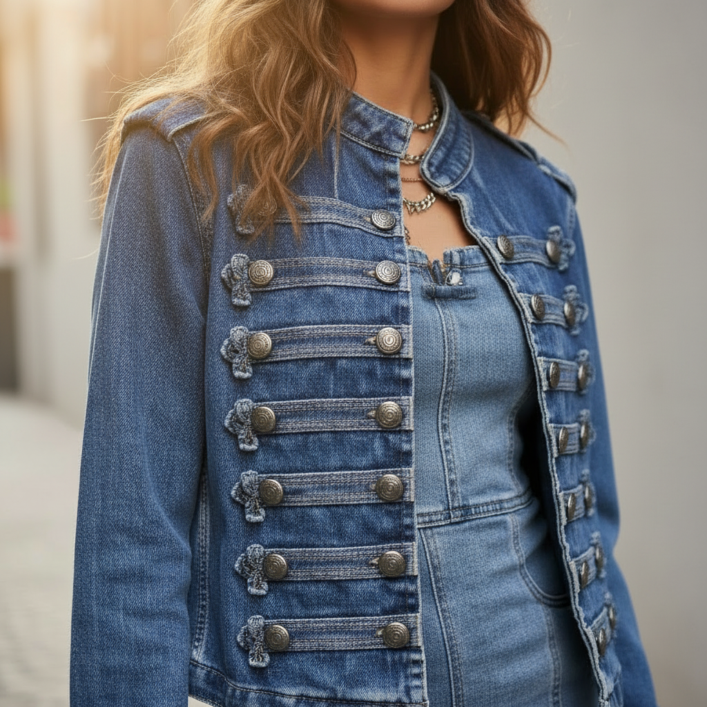 donkerblauwe military denim jacket met sierknopen over denim jurk dames