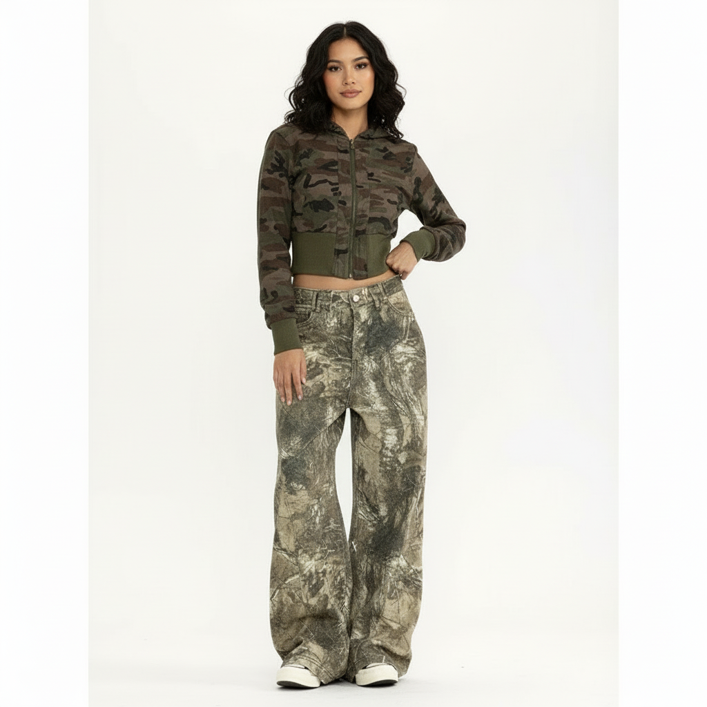 camo wide leg jeans met roze borduursel dames voorkant