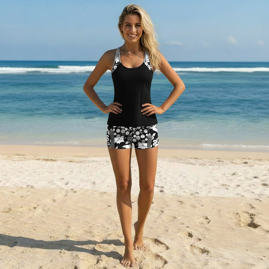 zwarte tankini set met floral shorts dames strand