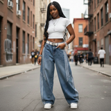 streetstyle baggy jeans met witte side stripes dames