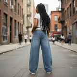 blauwe baggy jeans met zijstrepen achterkant dames