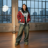 grijze reversible streetstyle hoodie met rood plaid detail dames