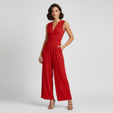 rode jumpsuit met V-hals en wijde pijpen dames