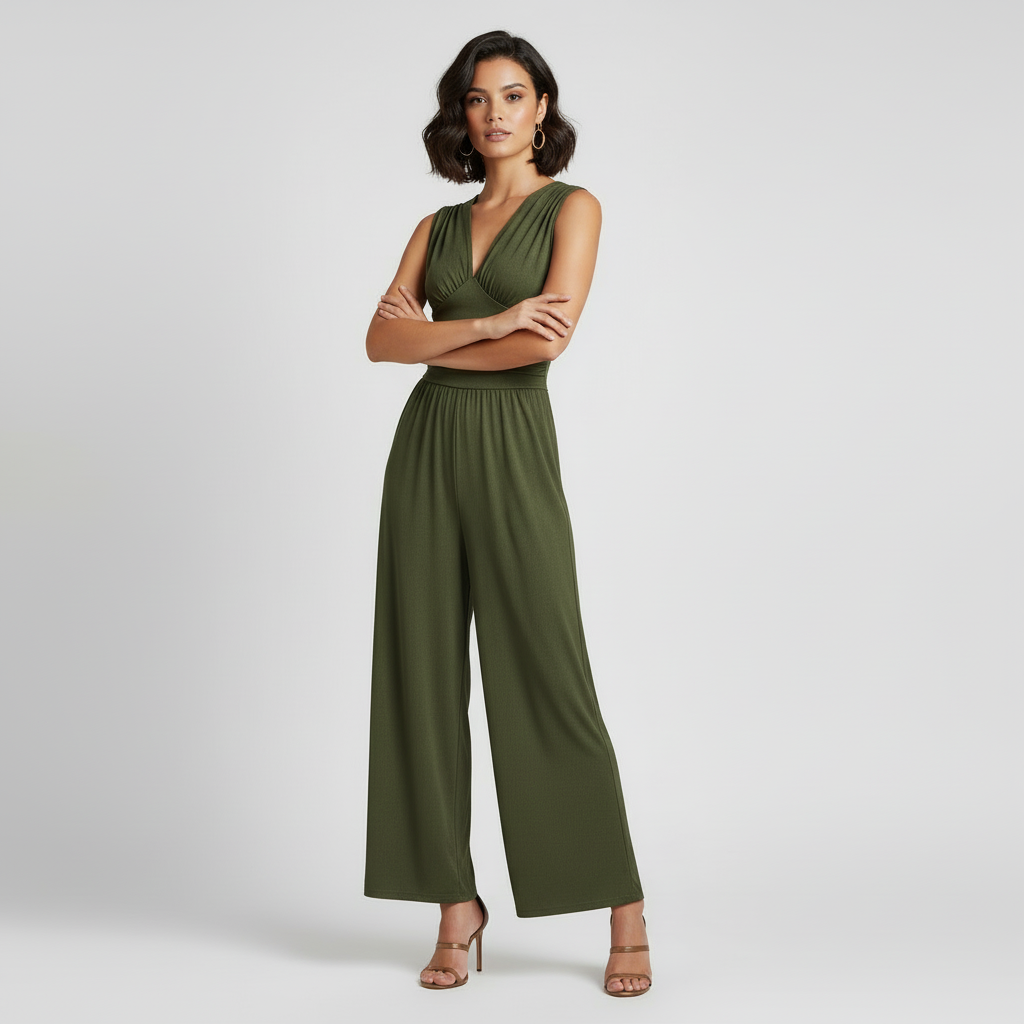 olijfgroene jumpsuit met diepe V-hals dames